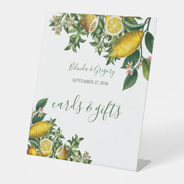 Rustic Yellow Lemon Greenery Wedding Cards & Gifts Pedestal Sign (Front)