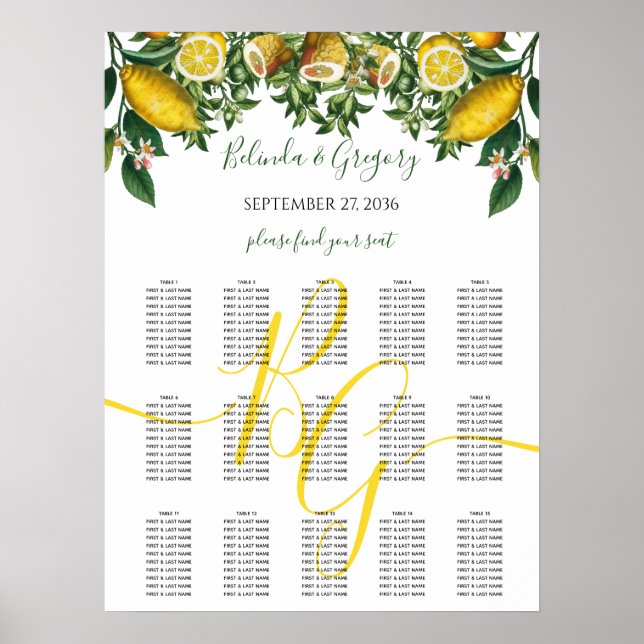 Rustic Yellow Lemon Greenery Wedding Seating Chart (Front)