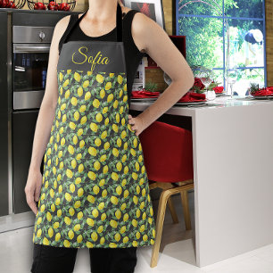 Rustic yellow lemon watercolor grey pattern apron