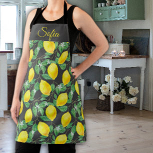 Rustic yellow lemon watercolor grey pattern apron
