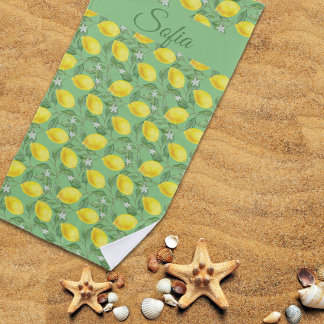 Rustic yellow lemon watercolor pattern green beach towel