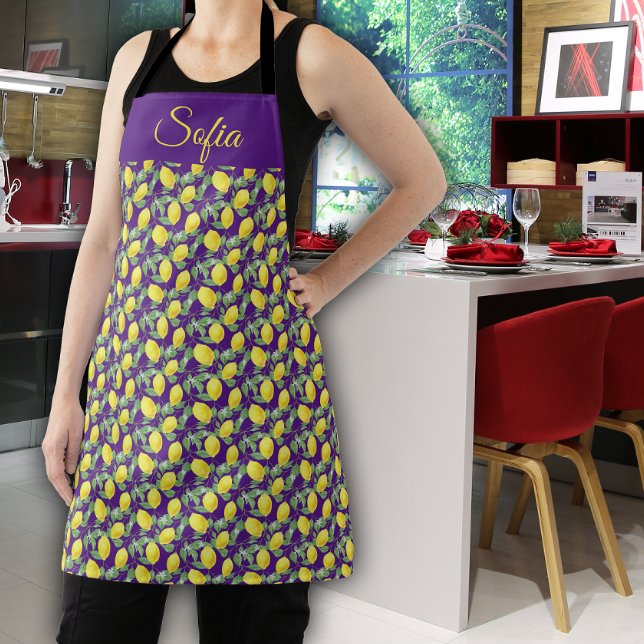Rustic yellow lemon watercolor purple pattern apron (Creator Uploaded)