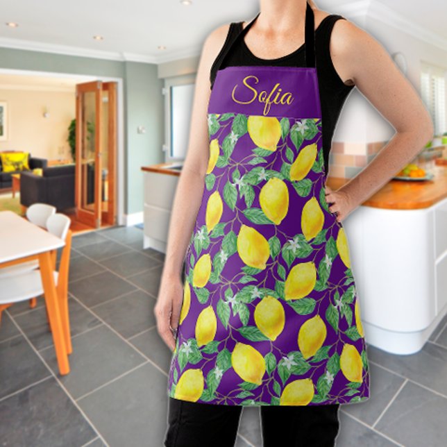 Rustic yellow lemon watercolor purple pattern apron (Creator Uploaded)