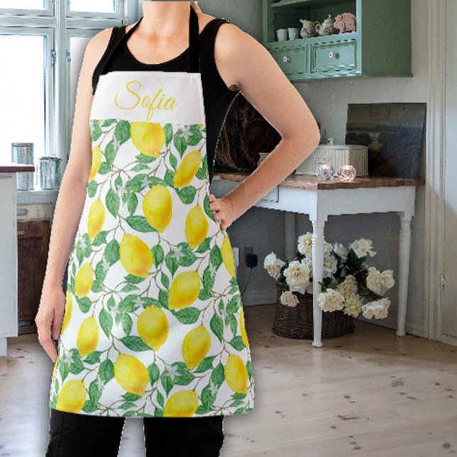 Rustic yellow lemon watercolor white pattern apron (Creator Uploaded)