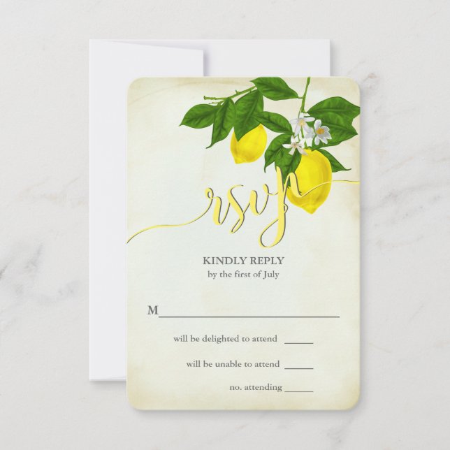 Rustic Yellow Lemons Floral Wedding RSVP Card (Front)
