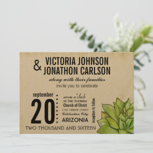 Rustic Yellow Lime Succulent Typography Wedding Invitation