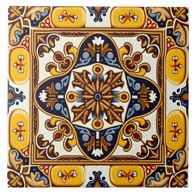 Rustic Yellow Navy Blue Spanish Majolica Ceramic Tile (Front)
