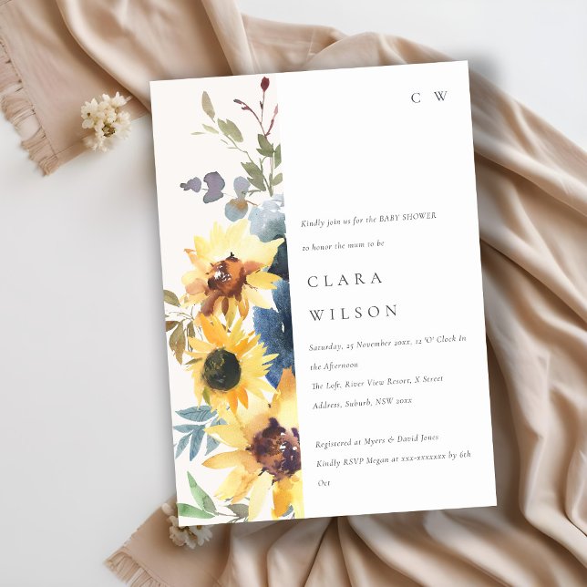 Rustic Yellow Navy Sunflower Floral Baby Shower Invitation (Creator Uploaded)