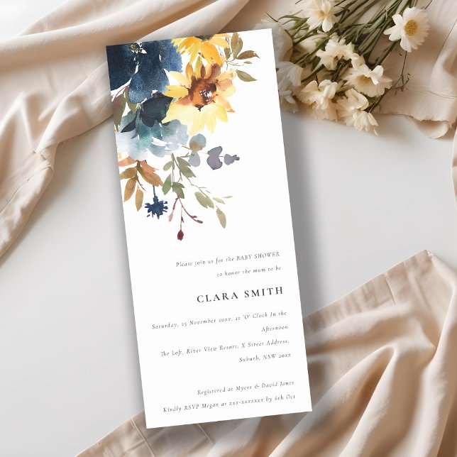 Rustic Yellow Navy Sunflower Floral Baby Shower Invitation (Creator Uploaded)