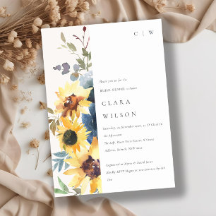 Rustic Yellow Navy Sunflower Floral Bridal Shower Invitation