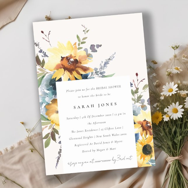 Rustic Yellow Navy Sunflower Floral Bridal Shower Invitation (Creator Uploaded)