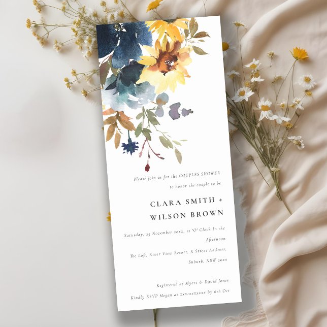 Rustic Yellow Navy Sunflower Floral Couples Shower Invitation (Creator Uploaded)