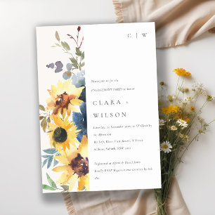 Rustic Yellow Navy Sunflower Floral Engagement Invitation
