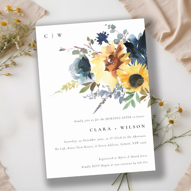 Rustic Yellow Navy Sunflower Floral Morning After Invitation (Creator Uploaded)