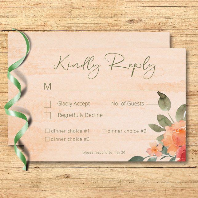 Rustic Yellow Orange & Peach Roses Wedding Dinner RSVP Card (Rustic Yellow Orange & Peach Roses Wedding Dinner RSVP Card)