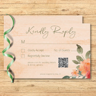 Rustic Yellow Orange & Peach Roses Wedding QR Code RSVP Card