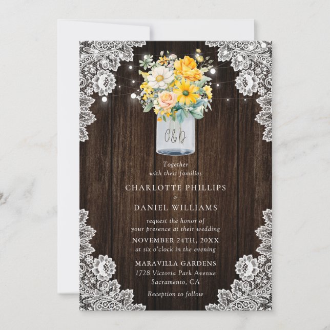 Rustic Yellow Peach Floral Mason Jar Wood Wedding Invitation (Front)
