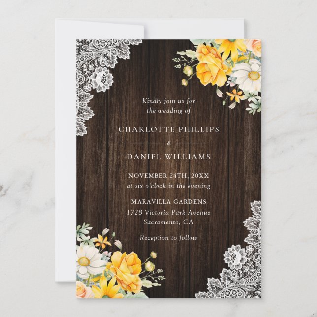 Rustic Yellow Peach White Floral Wedding Invitation (Front)