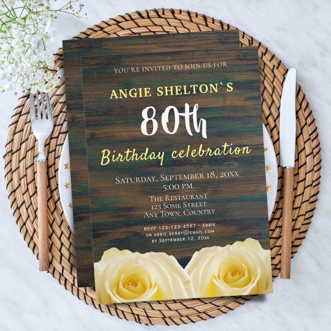 Rustic Yellow Rose 80th Birthday Floral Party Invitation (Creator Uploaded)