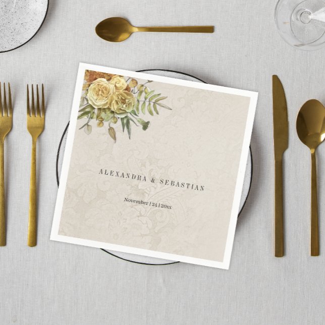 Rustic Yellow Roses Cream Damask Wedding Napkin (Creator Uploaded)