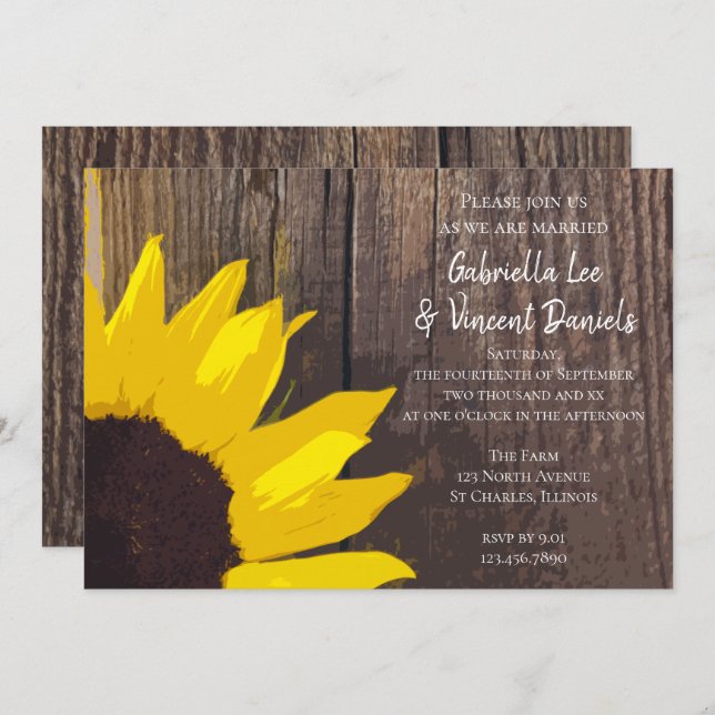 Rustic Yellow Sunflower and Barn Wood Wedding Invitation (Front/Back)