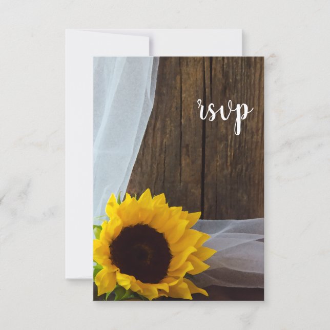 Rustic Yellow Sunflower Barn Wood Wedding RSVP Card (Front)