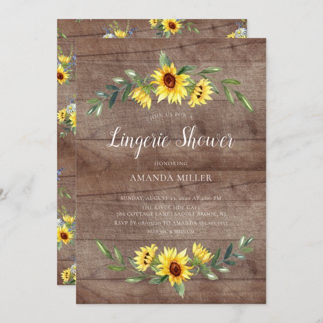 Rustic Yellow Sunflower Bridal Lingerie Shower Invitation (Front/Back)