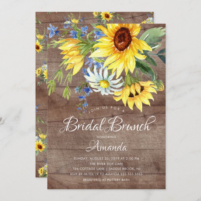 Rustic Yellow Sunflower Bridal Shower Brunch Invitation (Front/Back)