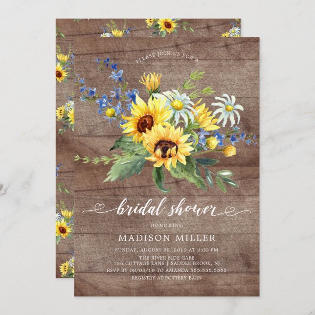 Rustic Yellow Sunflower Bridal Shower Invitation (Front/Back)