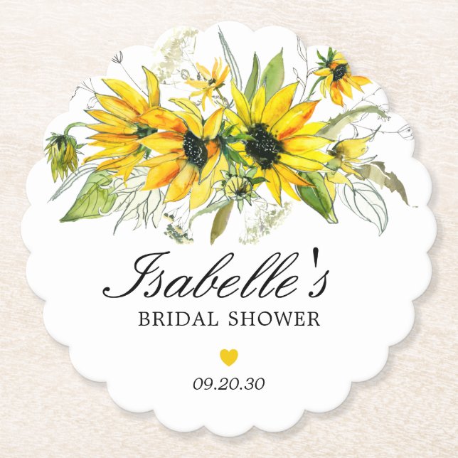 Rustic Yellow Sunflower Bridal Shower Paper Coaster (Front)