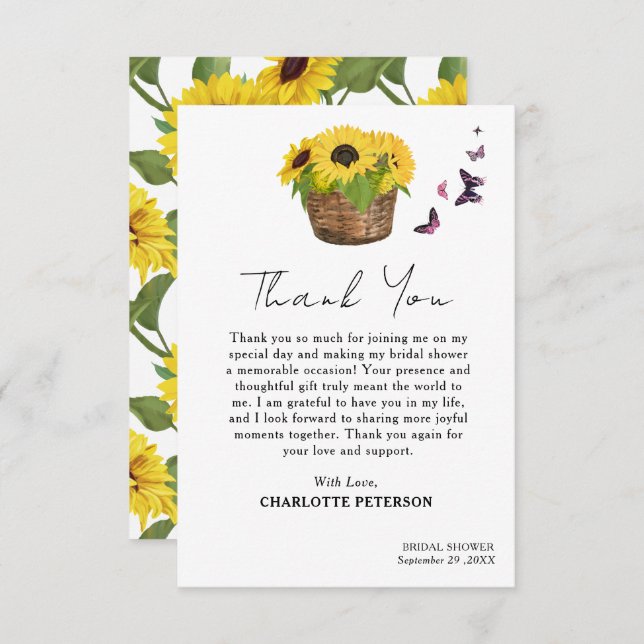  Rustic Yellow Sunflower Bridal Shower Thank You Card (Front/Back)