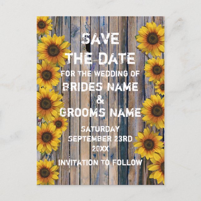 Rustic yellow sunflower country save the date announcement postcard (Front)