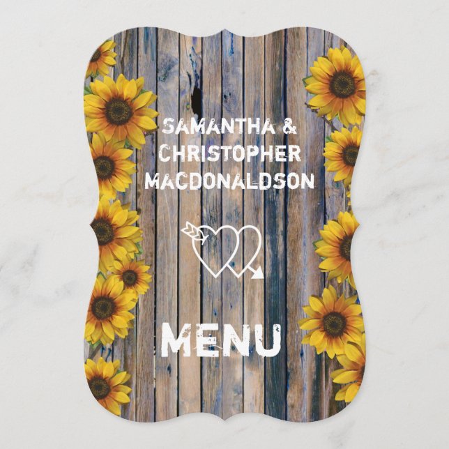 Rustic yellow sunflower country wedding menu (Front)