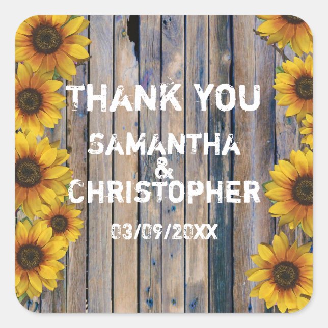 Rustic yellow sunflower country wedding thank you square sticker (Front)