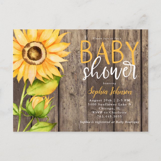 Rustic Yellow Sunflower Floral Baby Shower Invitation Postcard (Front)