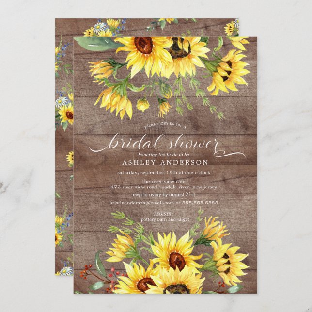 Rustic Yellow Sunflower Floral Bridal Shower Invitation (Front/Back)