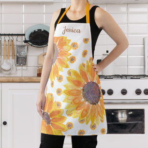 Rustic Yellow Sunflower Name Monogram Apron
