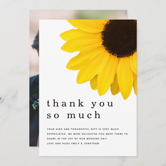 Rustic Yellow Sunflower Newlywed Photo Thank You (Front/Back)