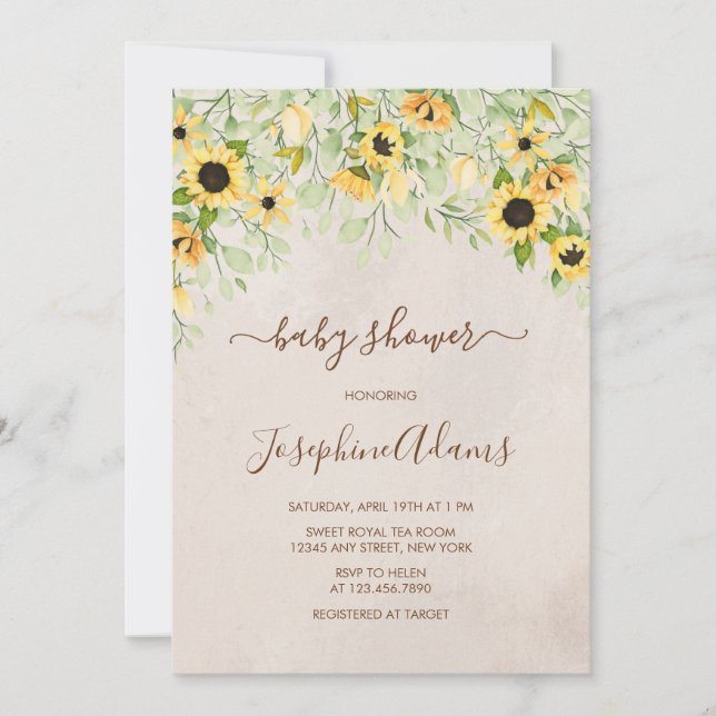Rustic Yellow Sunflower Watercolor Baby Shower Invitation (Front)