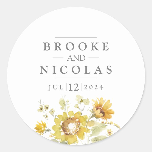 Rustic Yellow Sunflower Watercolor Wedding Classic Round Sticker (Front)