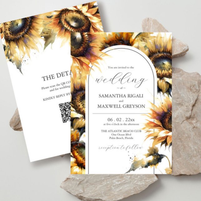 Rustic Yellow Sunflower Wedding QR code Details Invitation (Wedding invitations with details and QR code. Unique sunflower watercolor art.)