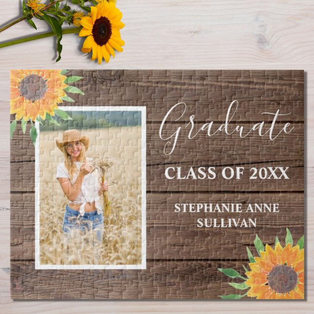 Rustic Yellow Sunflower Wood Graduation  Jigsaw Puzzle (Creator Uploaded)