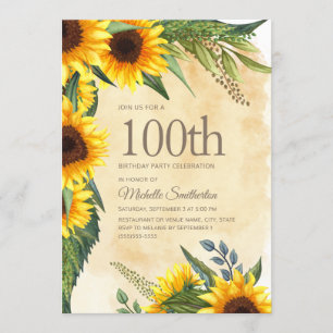 Rustic Yellow Sunflowers 100th Birthday Invitation