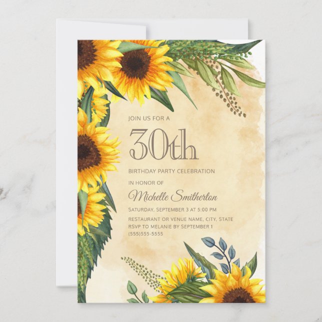 Rustic Yellow Sunflowers 30th Birthday Invitation (Front)