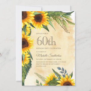 Rustic Yellow Sunflowers 60th Birthday Invitation