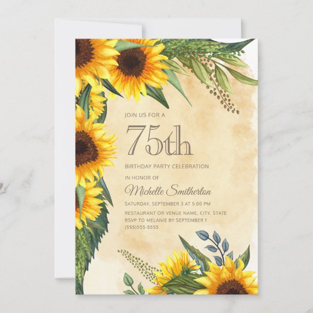 Rustic Yellow Sunflowers 75th Birthday Invitation (Front)