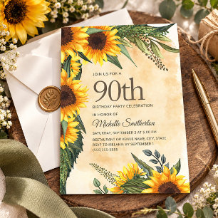 Rustic Yellow Sunflowers 90th Birthday Invitation