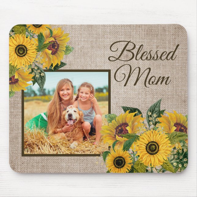 Rustic Yellow Sunflowers Burlap Blessed Mom Photo Mouse Pad (Front)