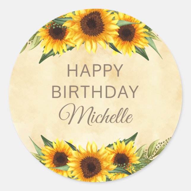 Rustic Yellow Sunflowers Custom Happy Birthday Classic Round Sticker (Front)