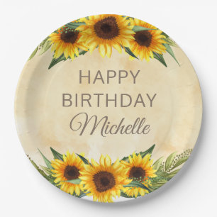 Rustic Yellow Sunflowers Custom Happy Birthday Paper Plate